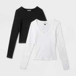 Women's 2pk Long Sleeve Shrunken Rib T-Shirt - Universal Thread™ White/Black -Women Store GUEST 9454ecb2 4250 4b07 a359 dad972e05cf0