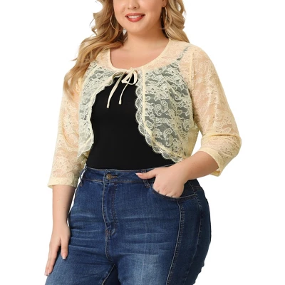 Agnes Orinda Women's Plus Size Shrug 3/4 Sleeves Lace Tie Neck Crop Bolero Cardigan 9 Agnes Orinda Women's Plus Size Shrug 3/4 Sleeves Lace Tie Neck Crop Bolero Cardigan - Image 7