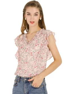 Allegra K Women's Ruffle Tops Casual V Neck Cap Sleeves Floral Blouse -Women Store GUEST 962a16bf 9c30 4fce 815b 8a33b88711bf