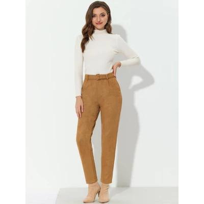 Allegra K Women's Casual Faux Suede Pants High Waist Belted Straight Legs Trousers 4 Allegra K Women's Casual Faux Suede Pants High Waist Belted Straight Legs Trousers - Image 2