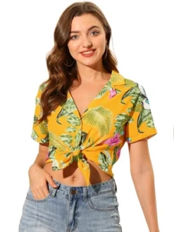 Allegra K Women's Hawaiian Floral Leaves Printed Short Sleeve Button Down Vintage Beach Shirt -Women Store GUEST 9bb583ec a569 4806 885a 778ef5001e06