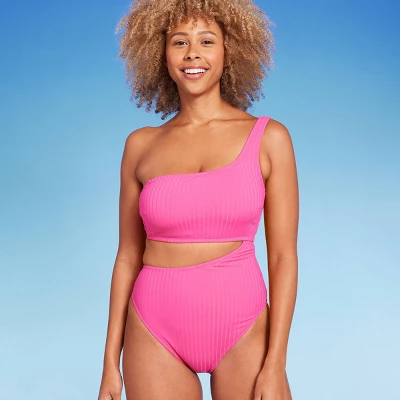 Women's Ribbed One Shoulder Cut Out One Piece Swimsuit - Shade & Shore™ 4 Women's Ribbed One Shoulder Cut Out One Piece Swimsuit - Shade & Shore™ - Image 2