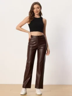 Allegra K Faux Leather Pants For Women's High Waist Straight Leg Casual PU Punk Trousers -Women Store GUEST 9c84558d fae4 4e5e 902f 6307c20681df