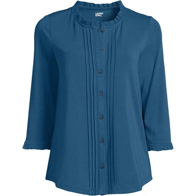 Lands' End Women's 3/4 Sleeve Light Weight Jersey Ruffle Neck Pintuck Top 6 Lands' End Women's 3/4 Sleeve Light Weight Jersey Ruffle Neck Pintuck Top - Image 4