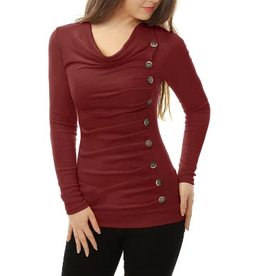 Allegra K Women's Cowl Neck Long Sleeves Buttons Decor Ruched Top 13 Allegra K Women's Cowl Neck Long Sleeves Buttons Decor Ruched Top - Image 11