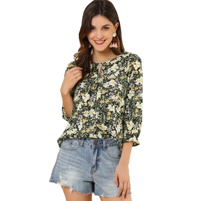 Allegra K Women's Floral Bow Tie Neck Vintage 3/4 Sleeve Blouse 8 Allegra K Women's Floral Bow Tie Neck Vintage 3/4 Sleeve Blouse - Image 6