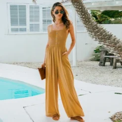 Women's Button Front Smocked Wide Leg Jumpsuit - Cupshe -Women Store GUEST a2237b35 db26 4647 8c52 9a5e1899f84b