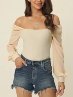 Seta T Women's Square Neck Sheer Long Sleeve Knit Bodysuit