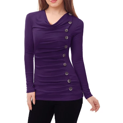 Allegra K Women's Cowl Neck Long Sleeves Buttons Decor Ruched Top 4 Allegra K Women's Cowl Neck Long Sleeves Buttons Decor Ruched Top - Image 2