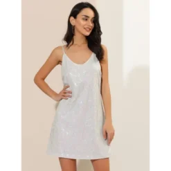 Allegra K Women's Glitter Sparkle Adjustable Prom Strap Mini Sequin Dress