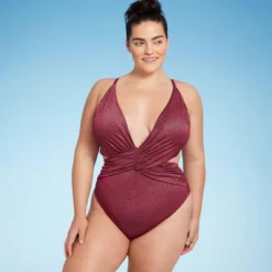 Women's Monokini Plunge Cut Out High Leg Lurex One Piece Swimsuit - Shade & Shore™ Burgundy -Women Store GUEST a3f42433 ff19 4ad8 a371 7c5ea285e145