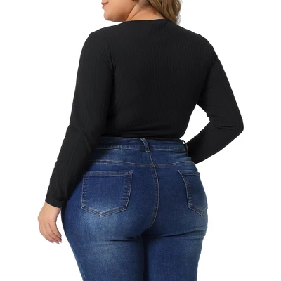 Agnes Orinda Women's Plus Size Zipper Deep Scoop Neck Long Sleeve Tops Bodysuit Jumpsuit 5 Agnes Orinda Women's Plus Size Zipper Deep Scoop Neck Long Sleeve Tops Bodysuit Jumpsuit - Image 3