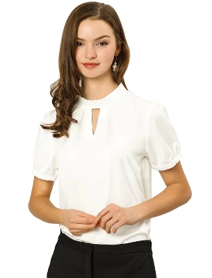 Allegra K Women's Stand Collar Short Puff Sleeves Elegant Work Office Shirt Keyhole Blouses 8 Allegra K Women's Stand Collar Short Puff Sleeves Elegant Work Office Shirt Keyhole Blouses - Image 6