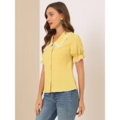 Allegra K Women's Sweet Peter Pan Contrast Collar Short Sleeves Button Up Blouse Tops -Women Store GUEST a8bfe6f8 fec9 4057 bab1 e488ac7802e2