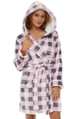 Women's Classic Plush Hooded Robe, Short Fleece Plaid Bathrobe With Hood -Women Store GUEST aa8ffd02 c330 44a4 9055 f90f63e15fcf