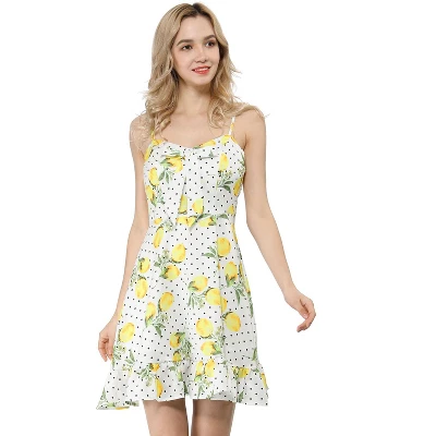 Allegra K Women's Floral Ruffle Bow Knot Mini Sundress Lemon Spaghetti Strap Dress 5 Allegra K Women's Floral Ruffle Bow Knot Mini Sundress Lemon Spaghetti Strap Dress - Image 3