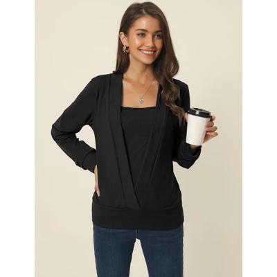 Seta T Women's Casual Fake Two-Piece Square Neck Long Sleeve Solid Color Knit Blouse 3 Seta T Women's Casual Fake Two-Piece Square Neck Long Sleeve Solid Color Knit Blouse