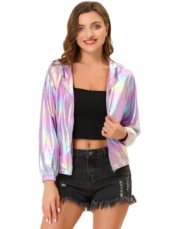 Allegra K Women's Holographic Shiny Long Sleeve Zipper Hooded Metallic Jacket -Women Store GUEST b2f0f200 b1f7 40ed abf1 c01b7f011944
