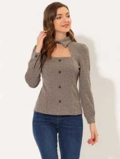 Allegra K Women's Choker Neck Blouse Houndstooth Print Long Sleeve Gothic Cutout Top -Women Store GUEST b519b135 6bdf 48d5 8361 392f7cda8a3c