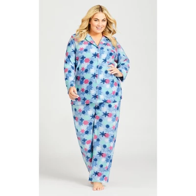 Women's Plus Size Snowflake Button Fleece Sleep Top - Blue | AVENUE 3 Women's Plus Size Snowflake Button Fleece Sleep Top - Blue | AVENUE