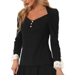 Allegra K Women's Vintage Lace Trim Long Sleeve Sweetheart Neck Shirt -Women Store GUEST b6e88c99 1d46 40ed 8f73 8ce2c9b19ae3