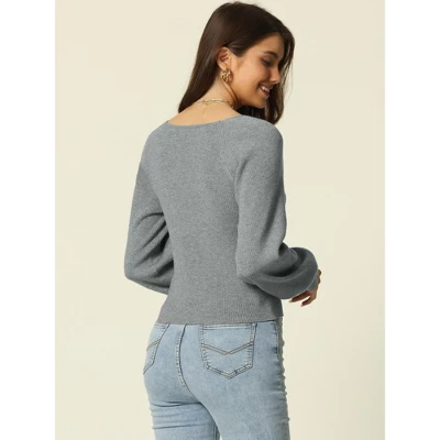 Seta T Women's Fall Winter Square Neck Long Bishop Sleeve Ribbed Knit Solid Sweaters 5 Seta T Women's Fall Winter Square Neck Long Bishop Sleeve Ribbed Knit Solid Sweaters - Image 3