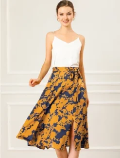 Allegra K Women's High Elastic Waist Belted Slit A-Line Midi Floral Print Skirt