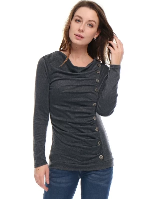 Allegra K Women's Cowl Neck Long Sleeves Buttons Decor Ruched Top 22 Allegra K Women's Cowl Neck Long Sleeves Buttons Decor Ruched Top - Image 20