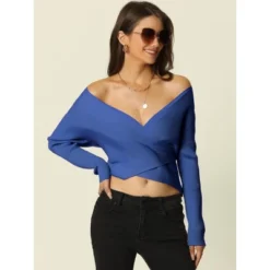 Seta T Women's Wrap V Neck Crop Long Sleeve Waist Tie Back Slim Fit Ribbed Knit Pullover Sweater Tops