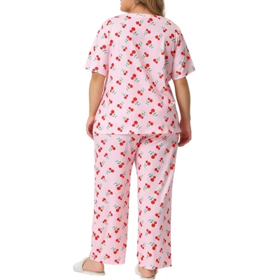 Agnes Orinda Women's Plus Size Short Sleeve Cherry Print Elastic Soft Pockets Pajama Set 2 Pcs 5 Agnes Orinda Women's Plus Size Short Sleeve Cherry Print Elastic Soft Pockets Pajama Set 2 Pcs - Image 3