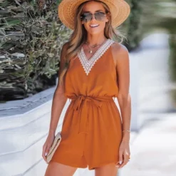 Women's Lace V-Neck Belted Romper - Cupshe -Women Store GUEST c01a8c74 b1fe 48c1 a1b0 52ebde682482