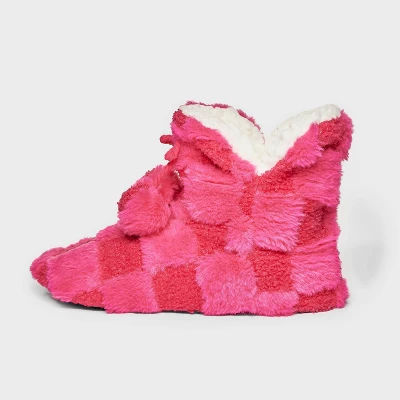 Women's Checkered Faux Fur Booties With Poms And Grippers - Pink 3 Women's Checkered Faux Fur Booties With Poms And Grippers - Pink