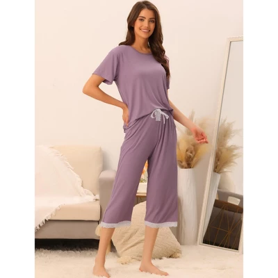 Cheibear Women's Modal Loose Summer Lace Trim Short Sleeve Carpri Pajama Set 3 Cheibear Women's Modal Loose Summer Lace Trim Short Sleeve Carpri Pajama Set
