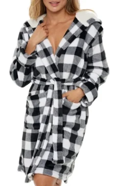 Women's Classic Plush Hooded Robe, Short Fleece Plaid Bathrobe With Hood -Women Store GUEST c83555de 2605 40dd a8a2 bd5b978d9787