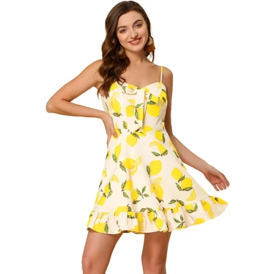 Allegra K Women's Floral Ruffle Bow Knot Mini Sundress Lemon Spaghetti Strap Dress 10 Allegra K Women's Floral Ruffle Bow Knot Mini Sundress Lemon Spaghetti Strap Dress - Image 8