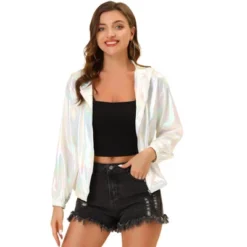 Allegra K Women's Holographic Shiny Long Sleeve Zipper Hooded Metallic Jacket -Women Store GUEST d2c88324 369c 4f37 8e20 986e8a68764a