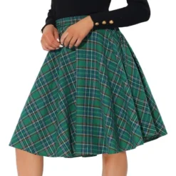 Allegra K Women's Plaid Tartan Skirt High Elastic Waist A-Line Vintage Flare Skirt -Women Store GUEST d33ea783 094c 400e b4c1 4df954fdf39f