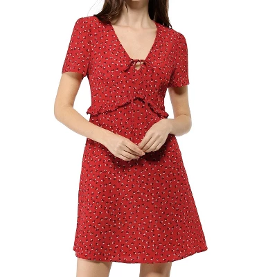 Allegra K Women's Floral Ruffle Trim Tie V Neck Shorts Sleeves Mini Dress 3 Allegra K Women's Floral Ruffle Trim Tie V Neck Shorts Sleeves Mini Dress