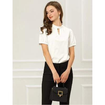Allegra K Women's Stand Collar Short Puff Sleeves Elegant Work Office Shirt Keyhole Blouses 5 Allegra K Women's Stand Collar Short Puff Sleeves Elegant Work Office Shirt Keyhole Blouses - Image 3
