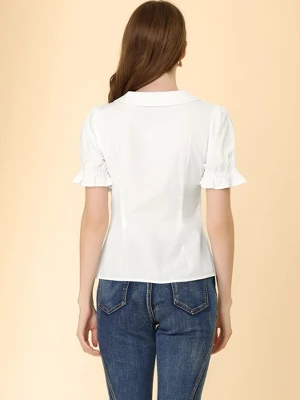 Allegra K Women's Pleated Short Sleeve V Neck Button Down Shirts 4 Allegra K Women's Pleated Short Sleeve V Neck Button Down Shirts - Image 2