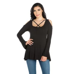 24seven Comfort Apparel Womens Criss Cross Cold Shoulder Long Sleeve Top -Women Store GUEST d8f033c8 6ba7 4c14 ad06 3d5089147e90