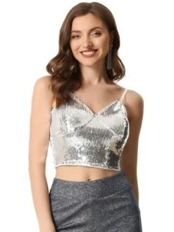 Allegra K Sequin Cami Top For Women's Spaghetti Strap Club Party Crop Tank Tops -Women Store GUEST db3abada 3439 429e 9486 4d1a9cad1712