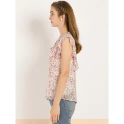Allegra K Women's Ruffle Tops Casual V Neck Cap Sleeves Floral Blouse -Women Store GUEST dc2aff62 0026 4432 b104 cb342b5eb996