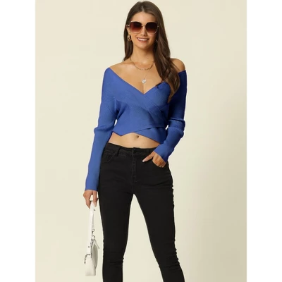 Seta T Women's Wrap V Neck Crop Long Sleeve Waist Tie Back Slim Fit Ribbed Knit Pullover Sweater Tops 4 Seta T Women's Wrap V Neck Crop Long Sleeve Waist Tie Back Slim Fit Ribbed Knit Pullover Sweater Tops - Image 2