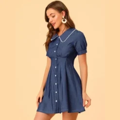 Allegra K Women's Chambray Puff Button Front Flare A-line Mini Shirt Dresses -Women Store GUEST dcdc9452 5d4a 4bcd b8b4 74d5be901d17