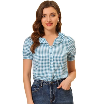 Allegra K Women's Plaid Gingham Puff Sleeve Ruffle Peter Pan Collar Shirt 9 Allegra K Women's Plaid Gingham Puff Sleeve Ruffle Peter Pan Collar Shirt - Image 7