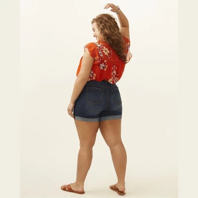 Molly & Isadora Women's Destructed Dark Wash Rolled Hem Short 4 Molly & Isadora Women's Destructed Dark Wash Rolled Hem Short - Image 2