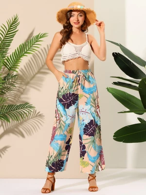 Allegra K Women's Floral Casual Elastic Waist Wide Leg Tropical Trouser 4 Allegra K Women's Floral Casual Elastic Waist Wide Leg Tropical Trouser - Image 2