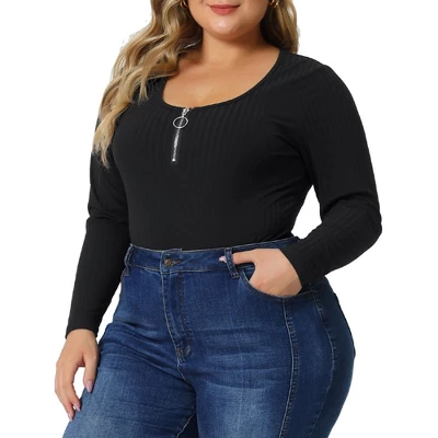 Agnes Orinda Women's Plus Size Zipper Deep Scoop Neck Long Sleeve Tops Bodysuit Jumpsuit 6 Agnes Orinda Women's Plus Size Zipper Deep Scoop Neck Long Sleeve Tops Bodysuit Jumpsuit - Image 4