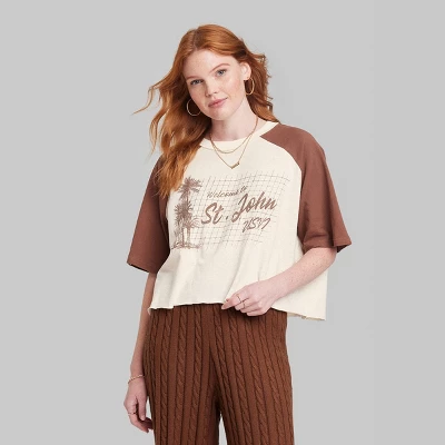 Women's Ascot + Hart Cropped St. John Elbow Sleeve Graphic T-Shirt - Brown 3 Women's Ascot + Hart Cropped St. John Elbow Sleeve Graphic T-Shirt - Brown
